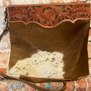 MYRA Referral Hand-Tooled Leather and Hide Bag Purse Size Med
